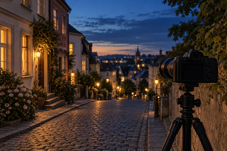 Kamera auf einem Stativ vor einer Straße in der blauen Stunde